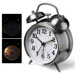 Accessories 4" Alarm Clock Vintage Retro Silent Pointer Clocks Round Number Dual Bell Loud Alarm Clock Bedside Night Light Home Decors