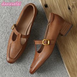 Dress Shoes Danxuefei Plus Size 34-42 Women's Genuine Leather T-strap 4cm Thick Low Heel Pumps Casual Female OL Style Daily For Women