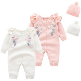 One-Pieces New Toddler Baby Girl Knitting Romper+Hat Floral Embroidery Long Sleeve Romper Autumn Spring Infant Baby Girls Knitting Jumpsuit