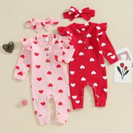 One-Pieces Pudcoco Baby Girls Rompers Valentine Day Clothes Heart VNeck Buttons Long Sleeve Jumpsuits Toddler Playsuits Headband 018M