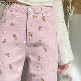 Women's Jeans Sweet Cute Cartoon Bear Print High Waist Wide Leg Pants Vintage Girls Casual Y2k Aesthetic Loose Denim Trousers