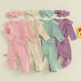 Sets Toddler Baby Girls Tracksuits 3Pcs Clothing Suit Kids Long Sleeve Knitted Romper Bow Pants Headband Set Children Clothes