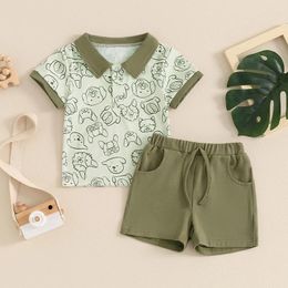 Clothing Sets VISgogo Toddler Boys Summer Clothes Short Sleeve Lapel Animal Print Shirt Tops And Drawstring Shorts