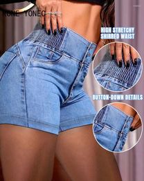 Women's Jeans Women Chic Casual Elastic Waist Multi Breasted Pocket Skinny Short Denim