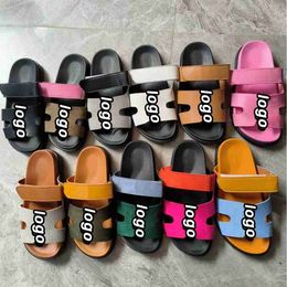 2024 summer new thick soled slippers large size one word Velcro patchwork color wear casual women's shoes all matchL240424