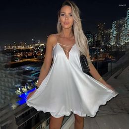 Casual Dresses BIG PROMOTION Women's Fashion Sexy Deep V Diamond Chain Satin Lace Up Low Back Swing Party Club Dress