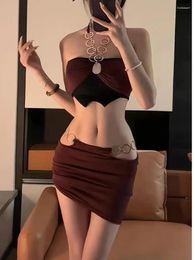 Work Dresses Design Sense Metal Ring Hanging Neck Sexy Bra Short Skirt Set Hollow Waist Wrapping Hip Women Elegant Erotic Bold Bow Tie 1SRP