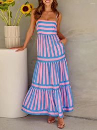 Casual Dresses Women's Long Tiered Dress Sleeveless Spaghetti Strap Square Neck Striped Print Midi Slip