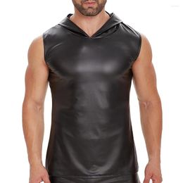 Men's Tank Tops Plus Size Men Faux Leather Hooded Top Soft Matte Hoodies T-Shirts Sleeveless Sports Vest Gym Fitness Sexy Tanks