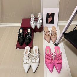 Luxury Top quality Rivet mules slippers slingback stiletto High-heels sandal Pointed toes Genuine Leather heeled dress shoe size 34-42