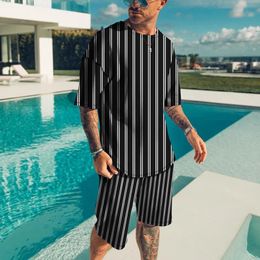 Summer Mens TwoPiece Short Sleeve Shorts Casual Black and White Striped Print Simple Fashion Outdoor Luxury Suit 240420