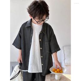 Clothing Sets Children 2024 Summer Korean Style Denim Suit Fashion Boys And Girls Short-sleeved Shirt Shorts Two-piece Set