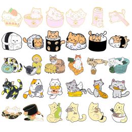 Bags Cartoon Cute Cat Brooch Cat Eat Fish Sushi Noodles Cat Animal Enamel Alloy Clothing Accessories Backpack Brooch Badge Lapel Pin