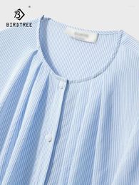 Women's T Shirts Birdtree Blue White Stripe Round Neck Single Breasted Mulberry Silk Double Crepe T-Shirt Lantern Sleeve Tops T38856QC