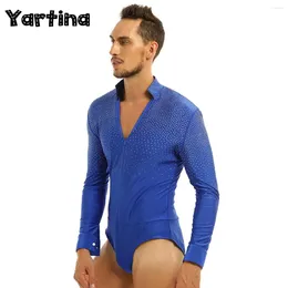 Stage Wear Mens Gymnatics Leotard Ballroom Dance Bodysuit Shirt Shiny Rhinestones Long Sleeve Latin Tango Rumba Tops