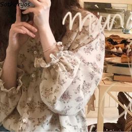 Women's Blouses Shirts For Women Retro Floral Prints V-neck Spring Temper Classy Ladies Long-sleeve Shirt Ulzzang Style Trendy Tops Simple