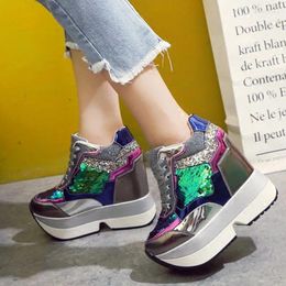 Casual Shoes Spring High Platform Boots 13CM Heel Women Thick Sole Sequin Leather Wedge Sneakers Waterproof Breathable Shoe