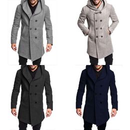 Mens ZOGAA Trench Long Wool Overcoat Double-breasted Autumn Hooded Coat Windbreaker Casual Jacket Men Outwear 201114