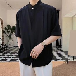 Men's Casual Shirts Men Solid Color Shirt Stylish Stand Collar Ice Silk Cardigan For Summer Office Wear