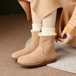 Boots Cow Suede Leather Flat Heels Snow Women's Non Slip Zipper Short Winter Wool Blend Warm Ankle Ladies Shoes