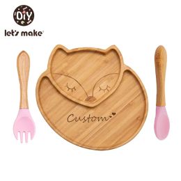 Tees 1set Bamboo Baby Feeding Bowl Cartoon Fox Dinner Plate Bamboo Wood Training Plate Silicone Suction Cup Kids Feeding Tableware