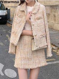 Work Dresses Y2k Wool Blend Chic Skirt 2 Piece Set Korean Single Breasted Tweed Short Coat Conjuntos Fashion A-line Woolen Falda Outfit