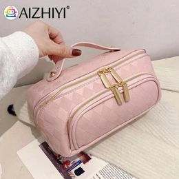 Cosmetic Bags Women Makeup Organiser Bag PU Leather Storage Handbag Large Capacity Opening For Home Business Trip