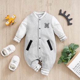 One-Pieces Spring And Autumn Boys And Girls Handsome Baseball Jersey Letter Embroidered Cotton Comfortable Long Sleeve Baby Bodysuit