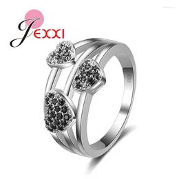 Cluster Rings Unique Design Fashion Heart Black Cubic Zircon Crystal For Ladies Stamped Anniversary Finger Woman