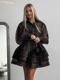 Casual Dresses Clacive Fashion Leopard Print Women'S Dress 2024 Vintage Lapel Long Sleeve Mini Elegant High Waist Pleated Female