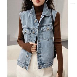 Women's Vests Vintage Denim Vest Jacket Women 2024 Summer Sleeveless Casual Top Blue Jean Waistcoat Coat Lady Oversize Pocket Outerwear