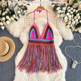 Women's Tanks Summer Bohemian Vacation Halter Camisole For Women Sleeveless Backless Sexy Hollow Out Tassel Tops Hook Flower V-Neck Vest