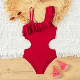 Women's Swimwear Retro Red Colour Teenage Girls Swimsuit One Piece 5-14 Year Kids Swimsuit Ruffled Swimwear beachwear d240424