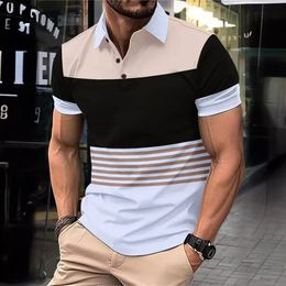 Mens T-shirt plaid striped short sleeve lapel button down Polo shirt mens casual summer top 240418