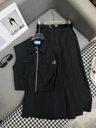 Work Dresses Fashionable Elastic Waistband Flip Collar Zippered Pocket Short Horse Clip Pleated Skirt Set