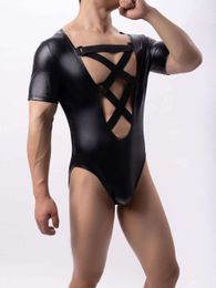 Black PU Faux Leather Fetish Sexy Bodysuit Lingerie for Man Patchwork Mesh One-pieces Slim Shapewear Playsuit Tops Short Sleeve