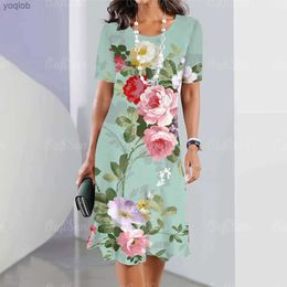 Basic Casual Dresses 2024 New Womens Dresses Midi Floral Printed Summer Elegant Dress Feamle Short Sleeve Dresses Fashion Oversized Women ClothesL2403