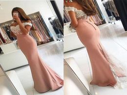 Sexy 2016 Off Shoulder Backless Prom Dresses Popular Ivory Lace Blush Pink Satin Mermaid Party Gowns Custom Made China EN92463421016