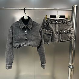 PREPOMP Spring Turn Down Collar Long Sleeve Short Grey Denim Jacket Double Pockets Mini Skirt Two Piece Set Outfits GH318 240412