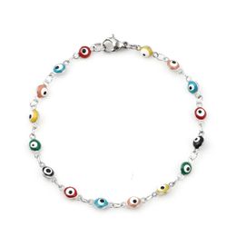 Beaded 304 Stainless Steel Religious Evil Eye Bracelet Enamel Beads Link Chain Bracelet For Women Men Turkish Jewellery Bangle 19.5cm1PC 240423