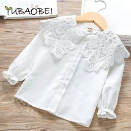 Shirts Spring Autumn Girls White Shirt Korean Fashion Allmatch Children's Longsleeved Tshirt Cotton Lace Top Clothes