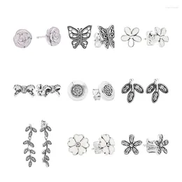 Stud Earrings 925 Sterling Silver Ear Piercing Studs For Women Jewellery Zircon Stones Garden Primrose Daisy Flower Butterfly Bow Leaf