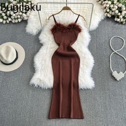 Casual Dresses Bugilaku High Street Fashion Sexy Spaghetti Strap Dress Women Feathers Patchwork Solid Colour Female Bodycon Robe Femme