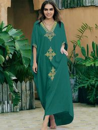 Party Dresses 2024 Elegant Gold Embroidered Kaftan Retro V-neck Dress For Women Clothes Summer Vacation Beach Wear Maxi Q1373