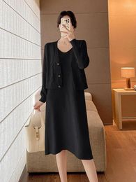 Work Dresses Autum Office Lady Knitted Dress Suits Ladies Single Breasted Short Cardigans Sweater Top V Neck Midi Slip Two Pieces Set