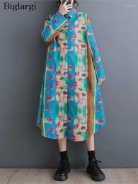 Casual Dresses Oversized Autumn Midi Shirt Dress Women Floral Flower Print Fashion Loose Pleated Ladies Long Sleeve Woman 2024
