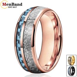 Rings MenBand Fashion 8MM Tungsten Carbide Rings for Men Women Wedding Band With Blue Carbon Fibre And Bright Meteorite Inlay Comfort