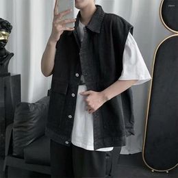 Men's Vests Solid Color Denim Waistcoat Sleeveless Vest With Large Pockets Ripped Holes Single Breasted Design For Casual Summer