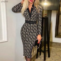 Basic Casual Dresses Sexy Geometric Pattern V-Neck Midi Pencil Dress with Belt - Long Sleeve Knit Bodycon for All SeasonsL2403