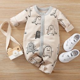 One-Pieces Spring and Autumn Boys and Girls Cute Handdrawn Dinosaur Comfortable Cotton Casual Long Sleeve Round Neck Baby Bodysuit